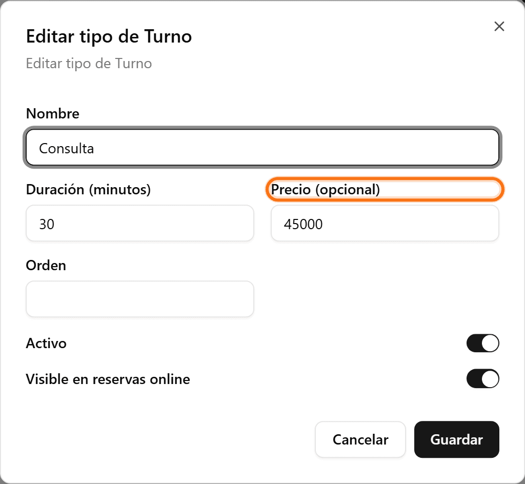 Campo de precio en el formulario del tipo de turno