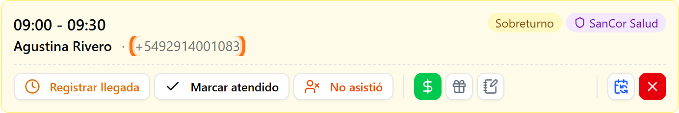 Tarjeta del turno con el teléfono del paciente