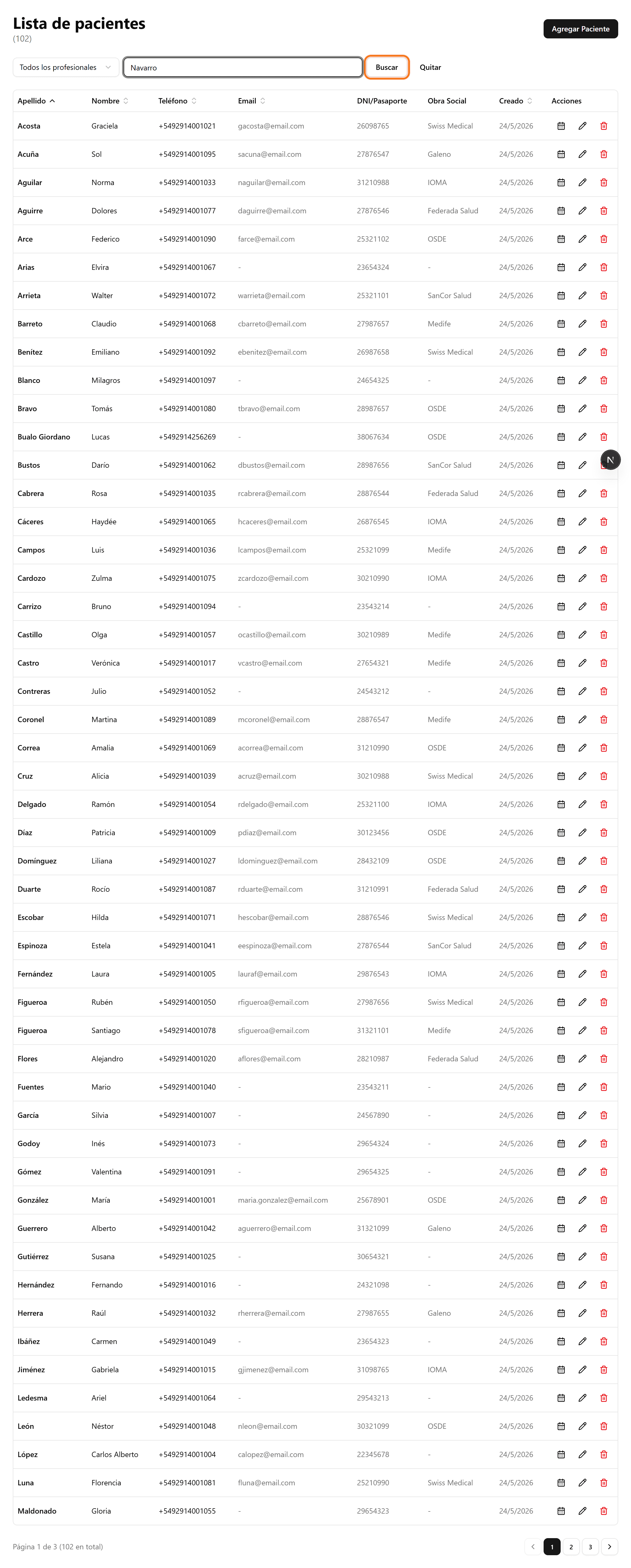 Búsqueda en la lista de pacientes