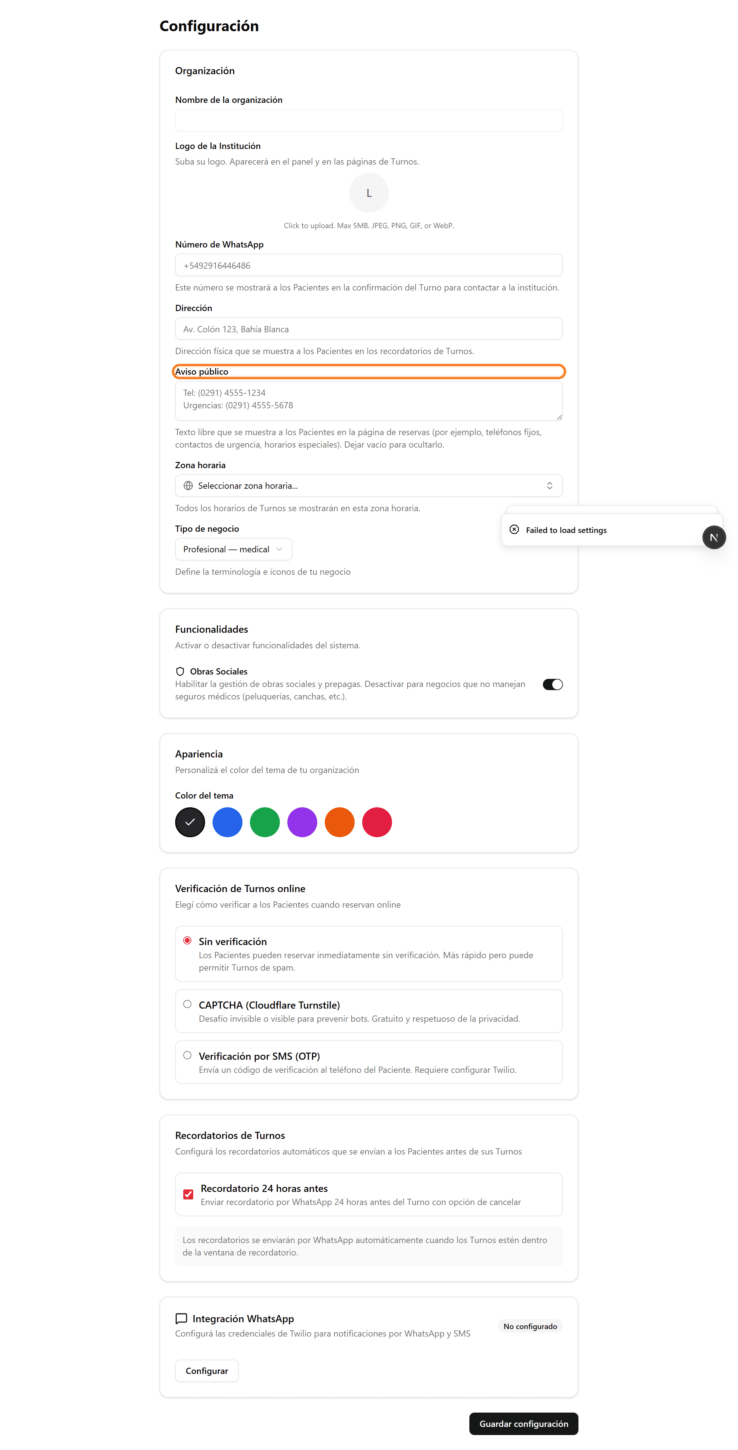 Sección Organización en Configuración